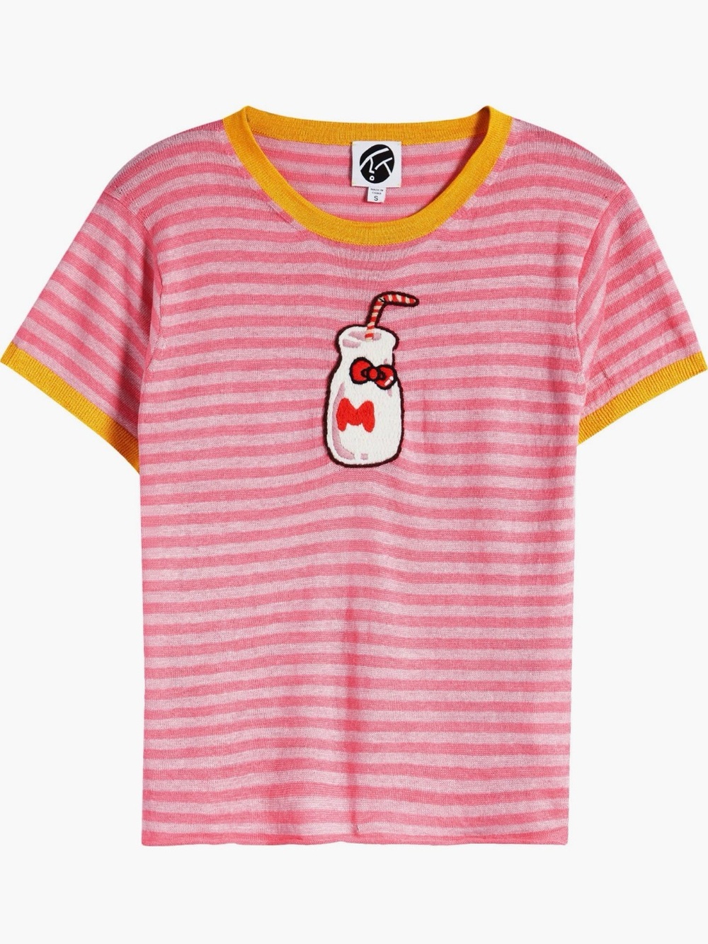 YANYAN X Sanrio Hello Kitty Milk Bottle Embroidered Stripe Linen T-Shirt NWT